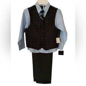 NWT Claiborne Suit Set 4 PC Vest Shirt Pants Clip On Tie Blue Gray Boys Size 6 R